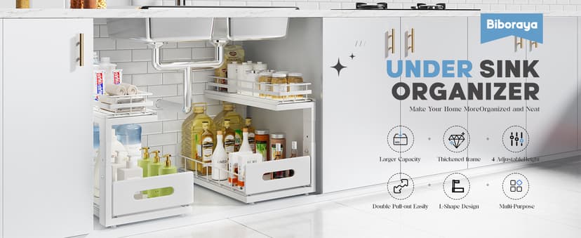 2 Pack Under Sink Organizer with Smooth Ball Bearing Slides, 2-Tier Pull Out Cabinet Storage, Slide Out Drawers for Bathroom and Kitchen, Under Sink Shelf, Rust-resistant Coating, Height Adjustable