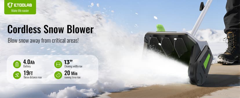 Cordless Snow Shovel, 13" Electric Snow Blower 20V, 4 Ah Battery 300lb/min Snow Removal, 19FT Throw Distance, Lightweight 12lb for Driveway/Steps/Patio/Sidewalk