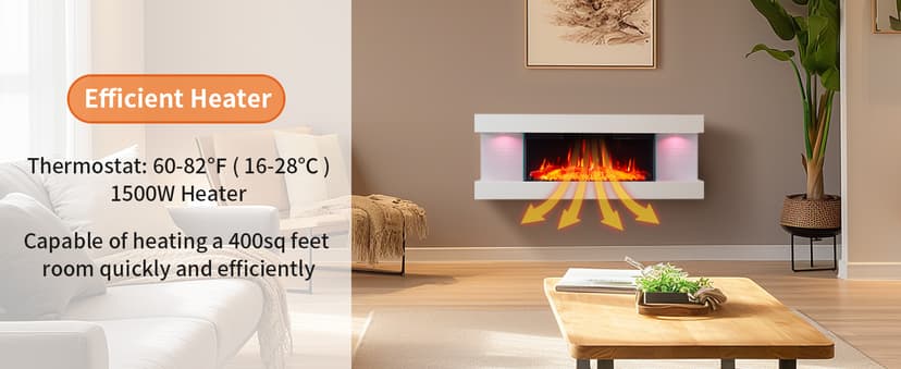 PuraFlame Alsa 44 Inch Wall Mounted Electric Fireplace All-in-One with Multi Ambient Light Colors, Remote, 1500W Heater, White
