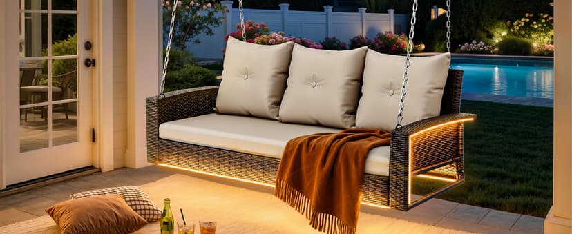 YITAHOME 3 Seats Patio Porch Swing, Outdoor Wicker Hanging Bench Rattan Chair Seat with LED Lights & Soft Cushions for Outside, Garden, Backyard, Lawn, Light Brown & Beige