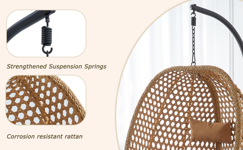 Hanging Egg Chair with Stand & Cushions, Outdoor and Indoor Hammock Rattan Swing Chair 350 lbs Capacity with Aluminum Steel Frame for Patio, Balcony, Backyard and Living Spaces (Light Brown)