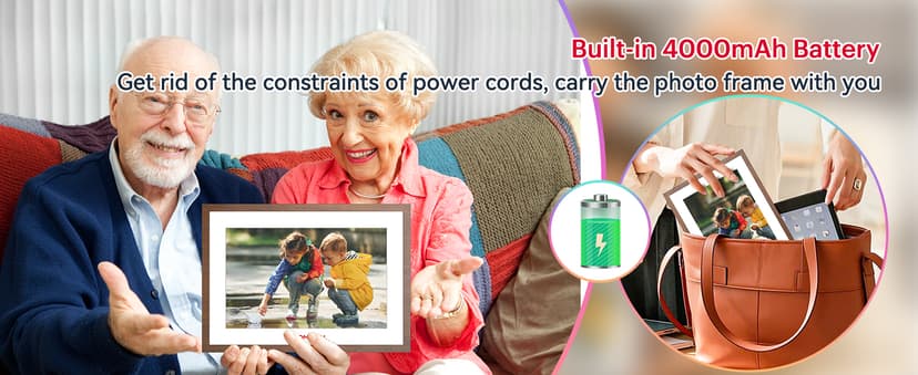 Digital Picture Frame with 4000mAh Battery, Digital Photo Frame WiFi with 32 GB, HD IPS Touch Screen, Auto-Rotate, Slideshow, Share Photos/Videos from Phone by App (10.1Inch Battery)