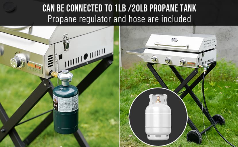 Onlyfire BBQ Gas Grill 3-Burner with Foldable Cart & Side Table, Portable Propane Grill with Lid for Outdoor Patio Backyard Barbecue Camping Tailgating RV Trip, Stainless Steel, GS308