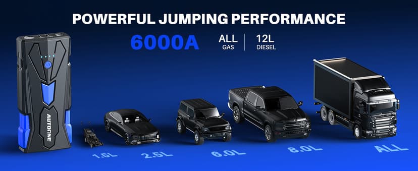 AUTOONE 6000A Car Battery Jump Starter Up to All Gas & 12L Diesel Engine, Car Battery Jumper Starter Portable 12V Jump Box with USB Output, Storage Case, LED Flashlight