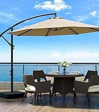 10ft Patio Umbrella with Base Included, Outdoor Offset Cantilever Umbrella w/Upgraded Yarn-dyed Fabric Shade, Sturdy 8 Rids, Easy Tilt Adjustment, for Pool Deck Porch Backyard Garden,Beige