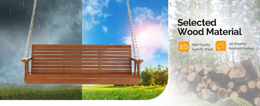 VINGLI Upgraded Patio Wooden Porch Swing for Courtyard & Garden, Heavy Duty 880 LBS Swing Chair Bench with Hanging Chains for Outdoors (Brown, 5 FT)