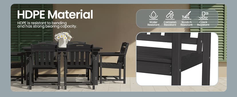 HDPE Outdoor Dining Set, 7 Piece Patio Table and Chairs Set with 2" Umbrella Hole, All Weather Patio Furniture for 6 Person in Garden, Backyard, Deck | Matte Black