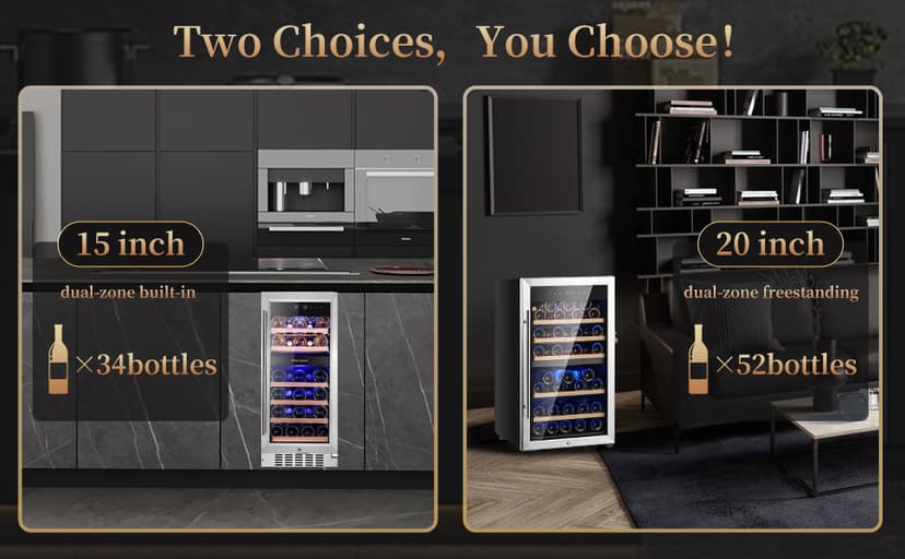 Wine Refrigerators,52-bottle Wine Fridge Cooler Freestanding Wine Refrigerator,(Bordeaux 750ml) Dual Zone Compressor Wine Cellar Chiller
