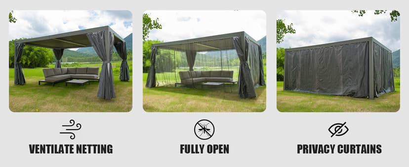 Domi Outdoor Louvered Pergola 10x13FT Full Aluminum Structure,Patio Rainproof Pergola with Two Independently Adjustable Roof for Backyard, Garden w/Curtains and Netting - Dark Gray