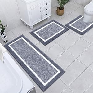 Pauwer Bathroom Rug Mat Set 3 Piece, Microfiber Shaggy Bath Set, Non-Slip Ultra Soft Carpet Mats, Absorbent with U-Shaped Toilet for Bathroom, Tub, Shower, Dark Grey