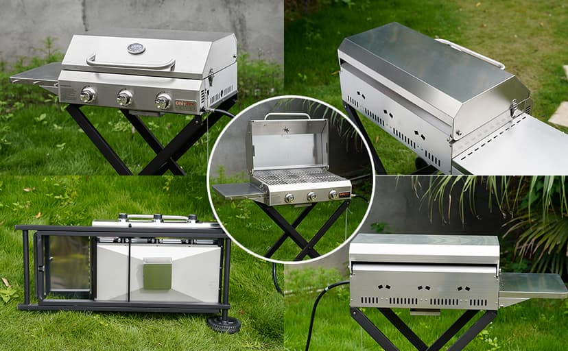 Onlyfire BBQ Gas Grill 3-Burner with Foldable Cart & Side Table, Portable Propane Grill with Lid for Outdoor Patio Backyard Barbecue Camping Tailgating RV Trip, Stainless Steel, GS308