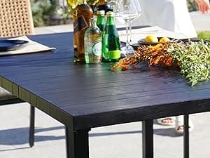 Grand patio Outdoor Dining Set for 6, 7 PCS Patio Table and Chairs Set, Metal Woven Wicker Fixed Patio Chairs with Thickened Cushions & 1 Rectangular Woodgrain Dining Table with Umbrella Hole (Black)