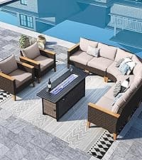Sophia & William Patio Furniture Set with 56" Fire Pit Table, 10PCS Outdoor Wicker Sectional Conversation Set with 3-Seater Sofa, 2-Seater Couch, 2 Ottoman & FirePit Table(Beige)
