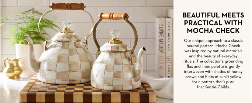 MACKENZIE-CHILDS Enamel Tea Kettle, Stylish Tea Kettle for Stovetop, Green-and-White Emerald Check, 2 Quarts