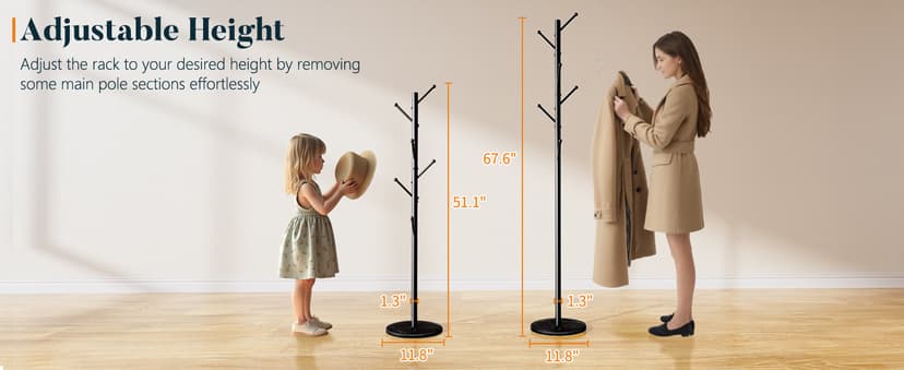 Yoobure Coat Rack Freestanding with Natural Marble Base - Coat Tree with 8 Hooks Heavy Duty Coat Hanger Stand, Metal Coat Rack Stand for Jacket, Hat, Clothes & Bag, Hall Tree Hat Rack for Entryway