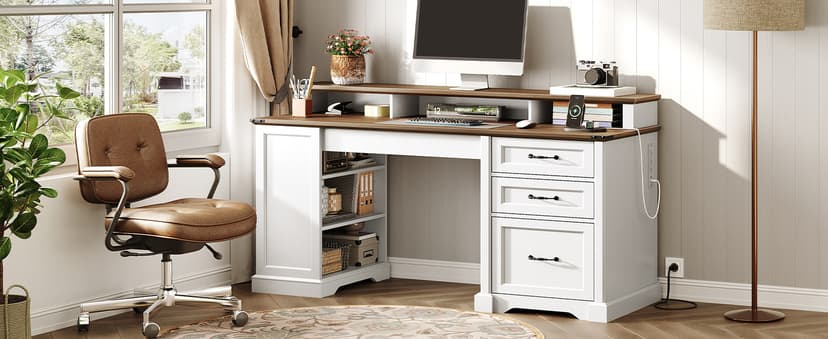 55'' Farmhouse Executive Desk with Drawers, Computer Desk with File Cabinet and Side Bookshelf, Writing Gaming Desk with Monitor Stand & Charging Station, White and Walnut