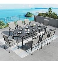 HDPE Outdoor Patio Furniture 4-Piece Set, All Weather Modern Patio Conversation Sets with Wood-grain Extended Table, Outdoor Patio Couch Set, Black Frame with Beige 4.7" Thick Cushions