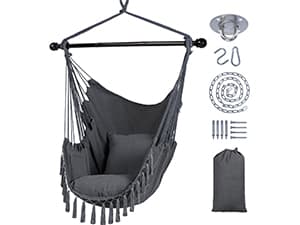 SUNCREAT Patio Swing Chair with Stand and Cushion, Heavy Duty Hanging Chair with Stand for Bedroom, 330 lbs Capacity, Patent Pending, Beige