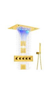 14 X 20 Inch LED Rain Ceiling Shower Head with Hand Sprays Thermostatic Rainfall Shower System Set Digital Display Matte Black