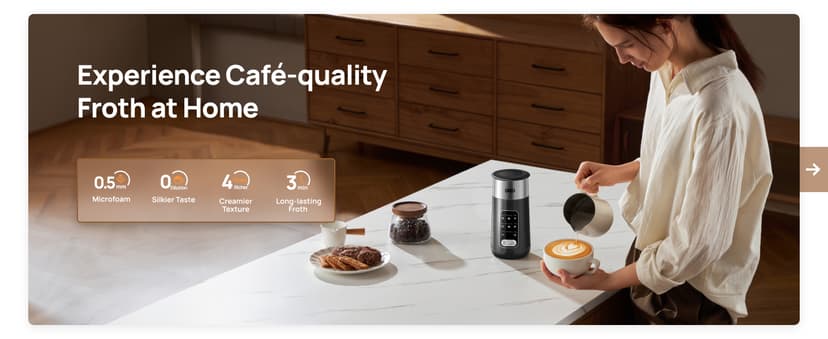 Dreo Milk Frother, 8-in-1 Electric Frother for Latte Art Coffee, 9oz/270ml Warm and Cold Foam Automatic Frothers for Dairy and Non-Dairy Milk, LED, Easy to Clean, BaristaMaker Air