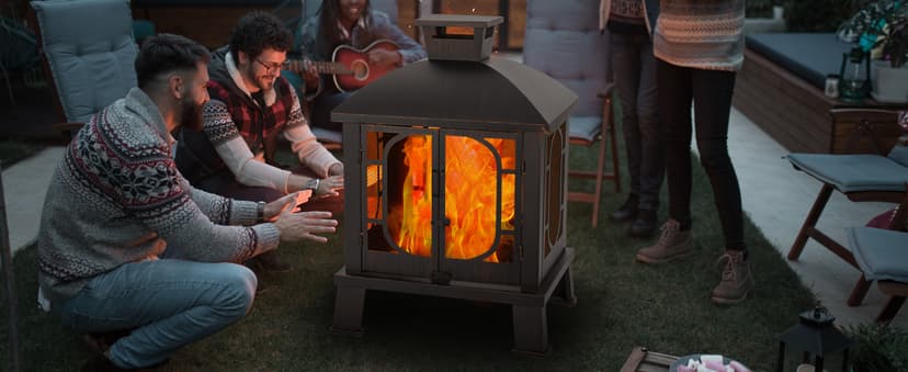 45" H×31''W Metal Chiminea Fire Pit with Grill, Wood Burning Fire Pits for Outside,Square Chimineas Fireplace with Mesh Spark Screen Door& Fire Poker for Garden,Yard,BBQ,Bonfire