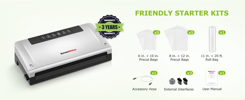 Bonsenkitchen Food Vacuum Sealer Machine with External Vac Function, Built-in Cutter & Bag Storage, 5 Modes for Various Food Types, Includes 10 Bags & 1 Roll (Silver)