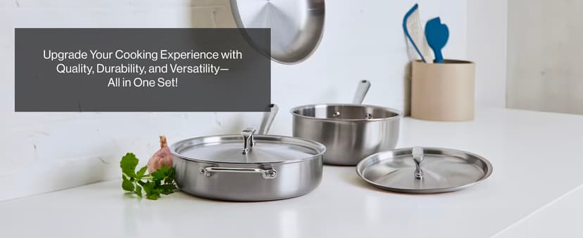 Misen 5-Ply Stainless Steel Cookware Set - Versatile, Dishwasher Safe - 9-Piece Set - 10" Skillet, 12" Skillet + Lid, 3 QT Saute Pan + Lid, 3 QT Saucier + Lid, 8 QT Stockpot + Lid