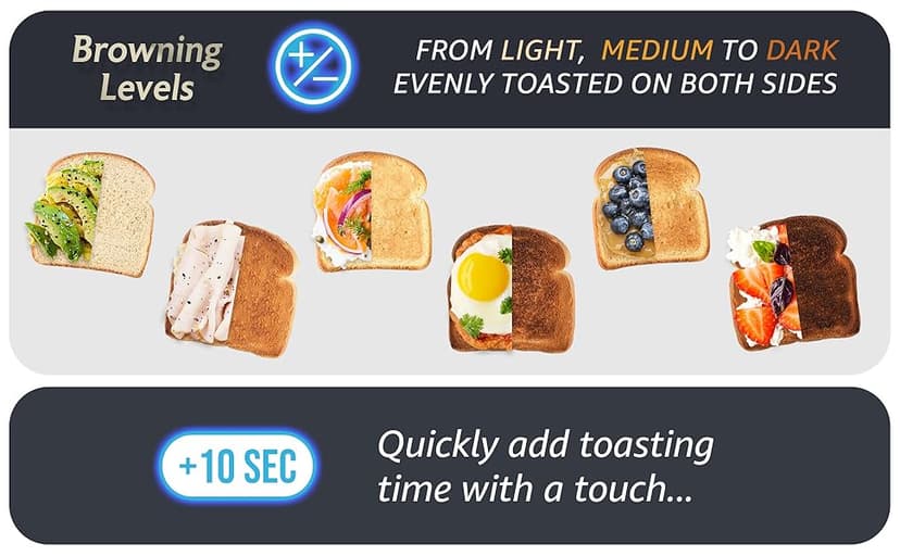 Elite Gourmet ECT5924D SmartToast Digital Long Slot 4 Slice Toaster, 1.5” Wide Slots for Thick Breads & Bagel Function, LED Touch Screen, Countdown Timer, 6 Shades, Stainless Steel
