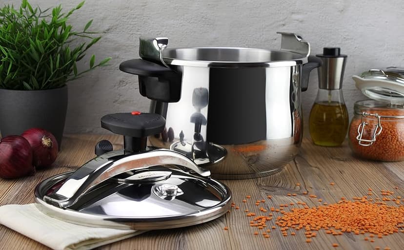 MAGEFESA Star Belly Pressure Cooker 10.6 Qt – 18/10 Stainless Steel, Rounded Bottom, 3 Safety Systems, Works on All Stovetops Including Induction, 8 PSI