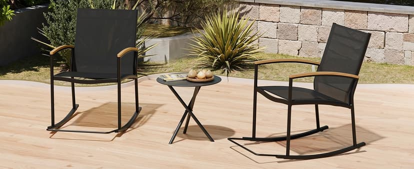 Shintenchi 3 Piece Outdoor Rocking Bistro Set, Textilene Fabric Small Patio Furniture Set, Front Porch Rocker Chairs Conversation Set with Table for Lawn, Garden, Balcony, Poolside (Black)