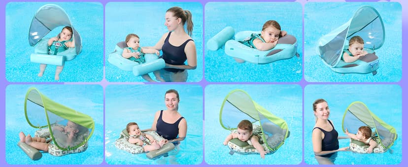 Mambobaby Baby Swim Float with Canopy Non-Inflatable Infant Pool Float with Tail 3-24 Months Avoid Flip Solid Skin-Friendly Material for Toddler Boys Girls