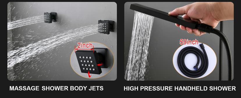 HOMEDEC Double Shower Heads Full Body Shower System with 6pcs Body Jets, 3-in-1 Function 14x20inch and 6inch Showerheads, Rainfall Shower System, Black