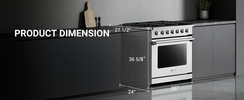 AAOBOSI 36 Inch Front Control Gas Range Oven with 6 Cooktop Burners, 6 Cu. Ft True Convection and Self Clean, Freestanding Stainless Steel Heavy Duty Gas Range Stove with Halogen Light,Large Capacity