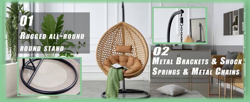 Egg Swing Chair Outdoor with Stand, Hanging Egg Rattan Basket Chair with Cushion and Pillow, Swinging Egg Chair, Foldable Basket and Metal Stand for Porch, Patio, Bedroom, Balcony,yard (White)