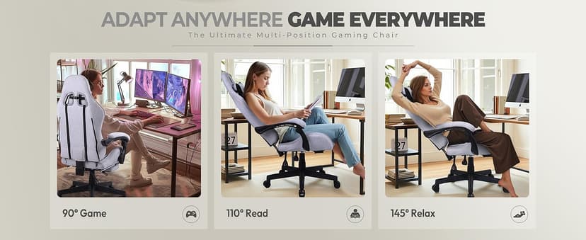 Dowinx Gaming Chair Fabric with Pocket Spring Cushion, Massage Game Chair Cloth with Headrest, Ergonomic Computer Chair with Footrest 290LBS, Black and Grey