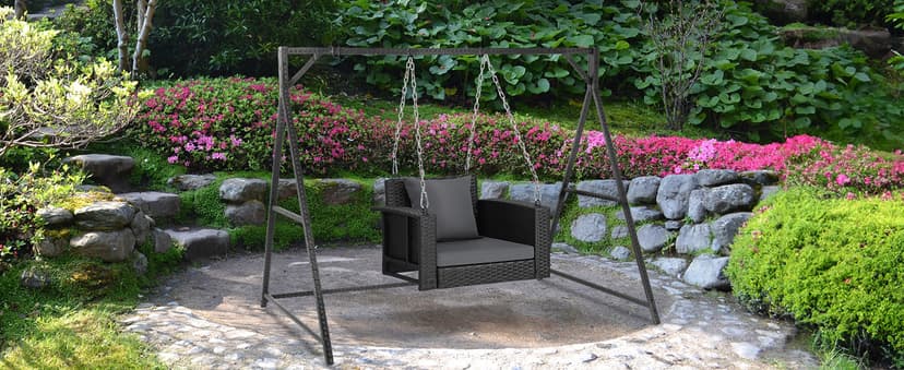 VINGLI 2.2 FT 1-Person Use Rattan Porch Swing Outdoor Support 440 LBS with Cushions & Adjustable Chains, Patio Wicker Swing Bench Chair for Garden, Yard, Lawn, Tree, Black