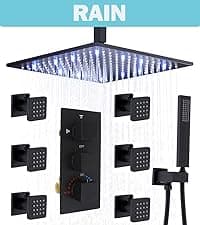 HOMEDEC 12inch Rain Shower System with Full Body Jets Sprays, Ceiling LED Brass Shower Faucet Set with 3 Functions Thermostatic Valve, Can Use All Function At Once