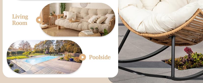 Vongrasig Wicker Egg Chair PE Rattan Rocking Chair with Cushion, Oversized Patio Lounge Rocker Chair for Outdoor, Indoor, Balcony, Backyard, Garden, Beige