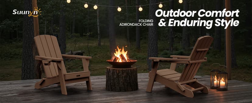 Folding Adirondack Chair 6 Pack, HDPE All-Weather Fire Pit Chairs, Plastic Adirondack Chairs with 2 Cup Holder, Outdoor Lawn Chair for Patio Garden (Teak)