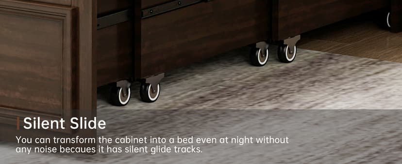 Murphy Bed Cabinet Full with Tri-Folding Mattress, Solid Wood Murphy Bed with 2 USB & 2 Charging Ports, Large Storage Drawer for Home Office or Small Space, Ebony Wood Color