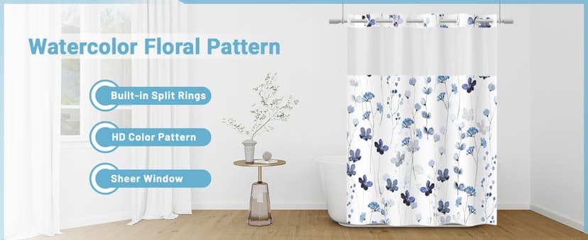 No Hook Shower Curtain with Snap in Liner - Watercolor Floral Shower Curtain - Fabric Waterproof Inner Liner, Plants Blue Beige Flowers White Cloth Shower Curtains Washable, 71 x 74 Inch