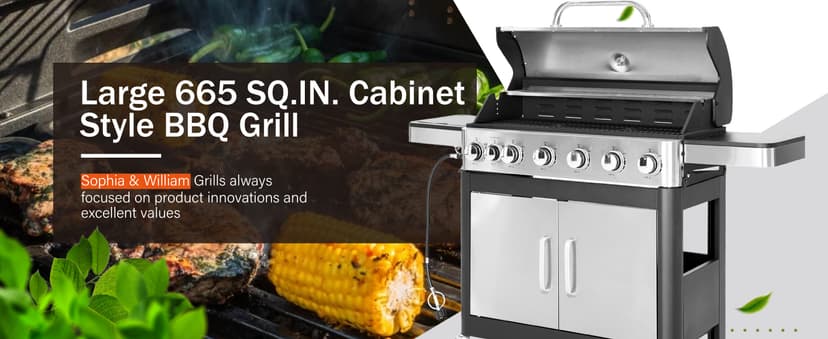 Sophia & William 6-Burner Propane Gas BBQ Grill with Side Burner & Porcelain-Enameled Cast Iron Grates, Stainless Steel Barbecue Grills Outdoor Cooking for Outside, 665 SQ.IN. Cooking Area, 65,800BTU
