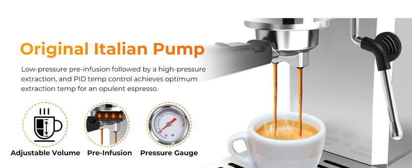 CHULUX Slim Espresso Machine with Milk Frother Steam Wand, 20 Bar Professional Italian Pump Espresso Coffee Machine for Home Cappuccino & Latte Maker, Silver