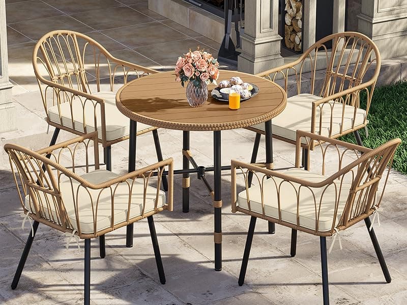 YITAHOME 5 Pieces Outdoor Patio Dining Table Chair Set,Wicker Patio Dining Set,Outdoor Rattan Dining Table Set for Patio, Backyard, Balcony, Garden (with Umbrella Hole)