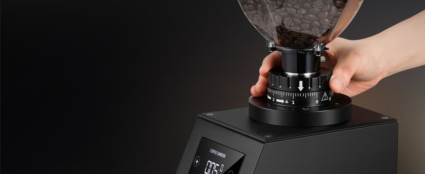 Huanyu Commercial Coffee Grinder with 64mm Flat Burr Anti-Flying Grounds Outlet 26oz Lotus Hopper 8 Stepless Settings Electric Coffee Grinders with Smart Touchscreen for Cafés Restaurants
