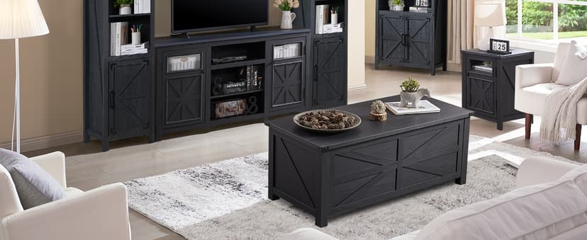 JXQTLINGMU Farmhouse TV Stand for 75 Inch TV, Entertainment Center with Storage, Rustic TV Cabinet with Barn Doors, 66" TV Console for Living Room, Adjustable Shelf - Black