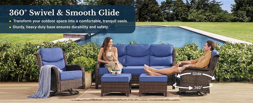 HILLGA Luxury Patio Furniture Set with 6-inch Thick Cushion, Outdoor Couch and High Back Swivel Rocker Patio Chairs, 7PCS Wicker Conversation Set for Deck Yard and Poolside, Blue (V2)