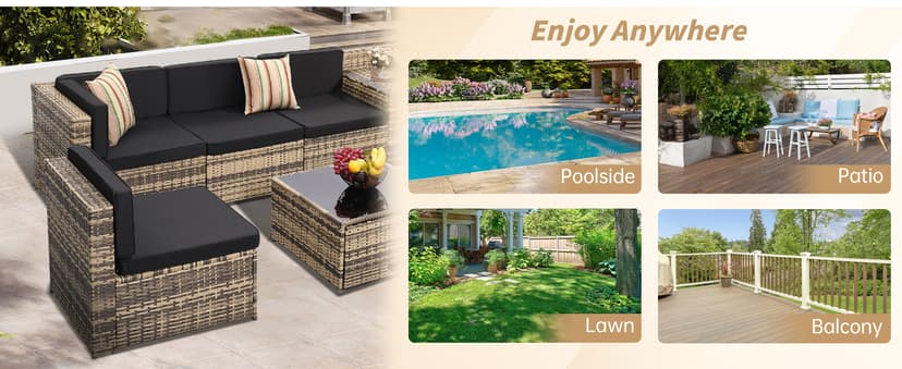 8 Pieces Outdoor Wicker Rattan Patio Furniture Sectional Set, Glass Top Table with Hidden Storage, 7 Sofa Sections, Oversized Cushions, Natural Color Rattan with Black Cushion