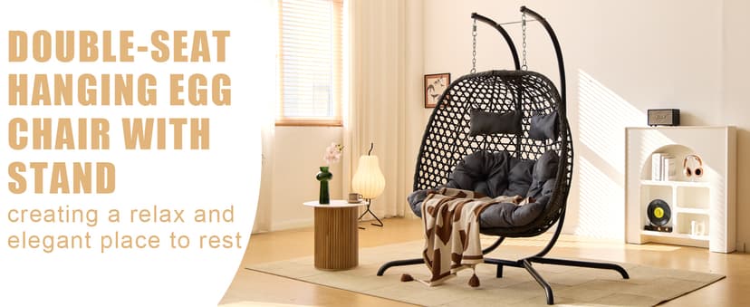 Double Hanging Swing Egg Chair with Stand, Hexagon Wicker Hammock Swing Chair for Outdoor Garden Patio, 2 Person Egg Chair with Foldable Loveseat Removable Cushions (Dark Grey)
