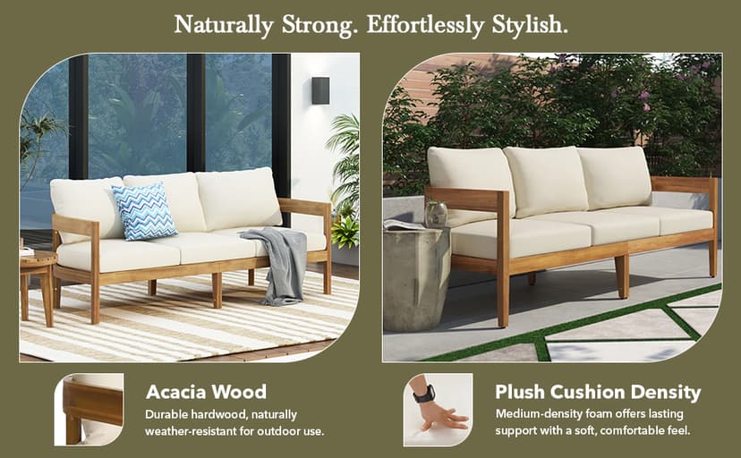Christopher Knight Home Brooklyn Outdoor 3 Seater Sofa with Cushions - Acacia Wood - Teak/Beige